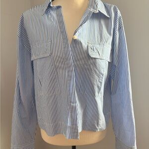 LOFT cropped blue and white striped button down